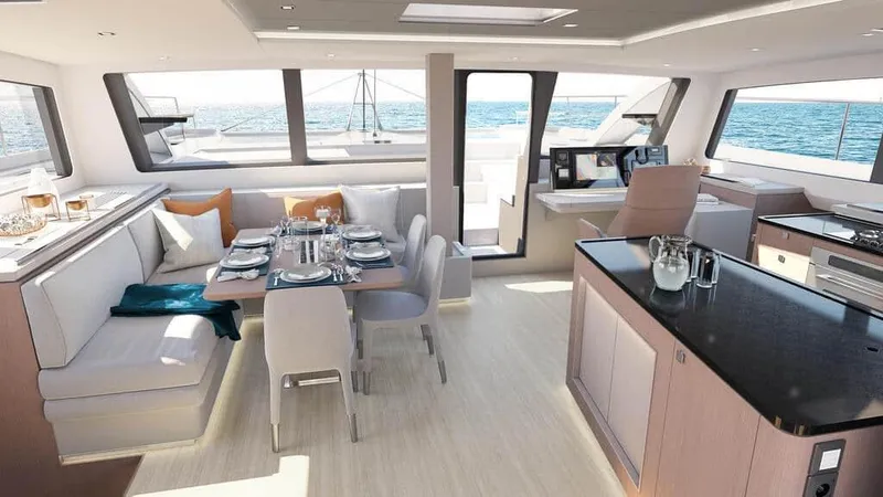 Slide: The Image of Luxurious interior of 2025 Privilege Signature 580 yacht with dining area and ocean view. - 27