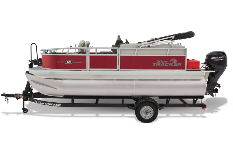 Slide: The Image of Manufacturer Provided Image: 2026 Sun Tracker Bass Buggy 16 XL Select pontoon boat on trailer, side view. - 21