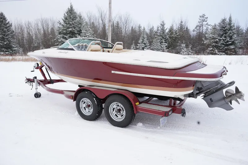 Slide: The Image of 2015 Chris-Craft Lancer 20 boat on trailer in snowy landscape. - 33