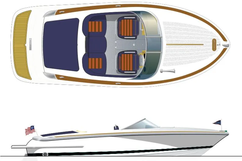 Slide: The Image of Manufacturer Provided Image: 2015 Chris-Craft Lancer 20 boat, top and side view, white hull, blue and orange seats. - 39