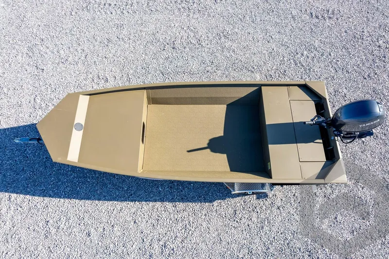 Slide: The Image of 2026 G3 Gator Tough 1652 VBW boat, aerial view on gravel surface. - 39