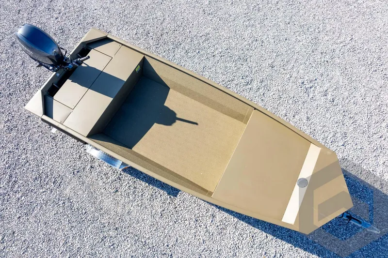 Slide: The Image of 2026 G3 Gator Tough 1652 VBW boat on gravel, aerial view. - 44