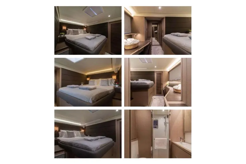 Slide: The Image of Luxurious interior of 2020 Lagoon 630 Motor Yacht with elegant bedroom and bathroom design. - 7