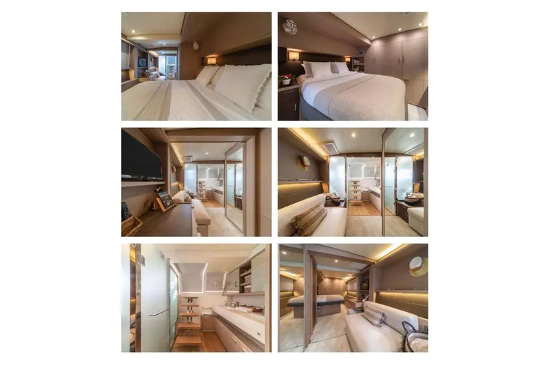 Slide: The Image of Luxurious interior of 2020 Lagoon 630 Motor Yacht featuring bedrooms and living spaces. - 9