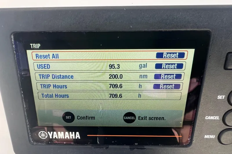 Slide: The Image of Yamaha trip display showing fuel usage, distance, and hours for Pathfinder 2600 TRS, 2017 model. - 19