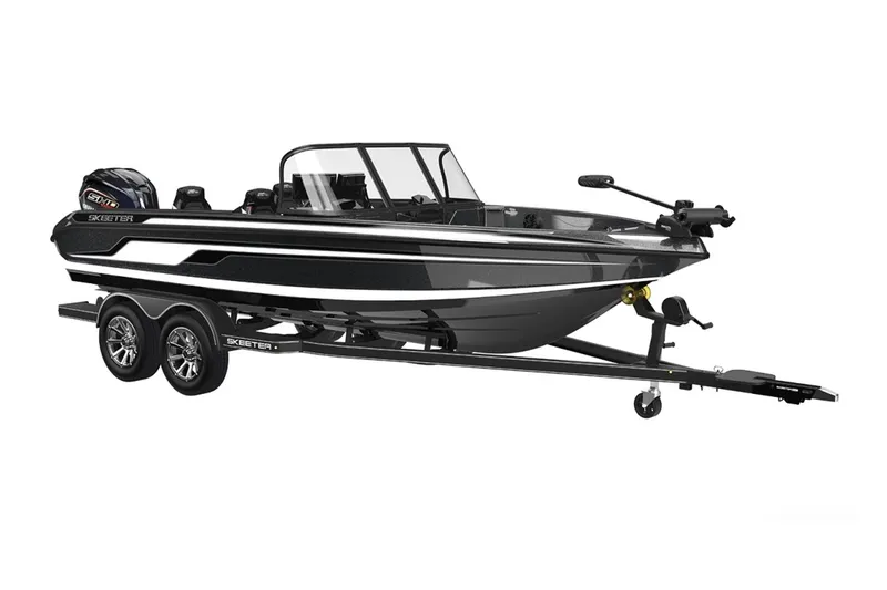 Slide: The Image of Manufacturer Provided Image: 2026 Skeeter Solera 205 boat on trailer, sleek black design, dual-axle, modern features. - 23