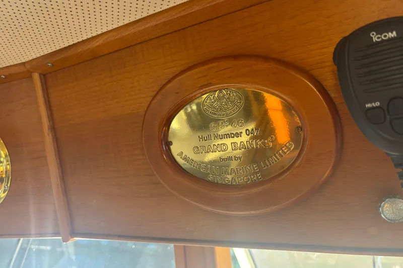 Slide: The Image of Plaque on 1989 Grand Banks 46 Classic, hull number 047, built by American Marine Limited. - 93