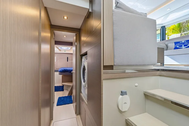 Slide: The Image of Interior of 2023 Leopard 46 Powercat yacht, featuring modern design and cozy living space. - 53