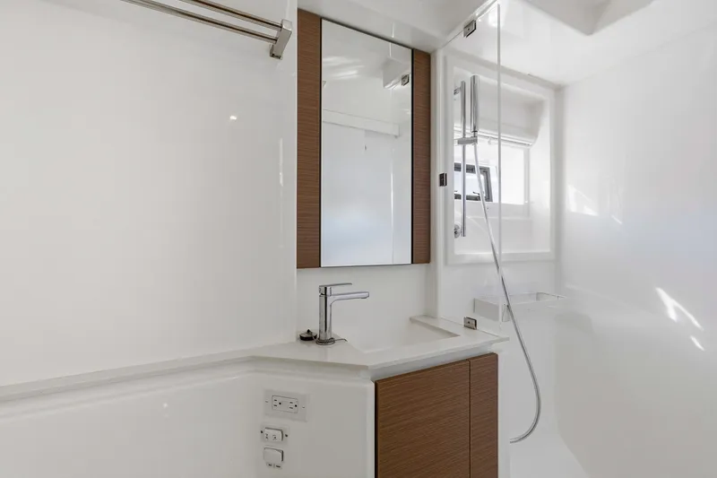 Slide: The Image of Modern bathroom interior on 2023 Leopard 46 Powercat yacht, featuring sleek fixtures and minimalist design. - 60