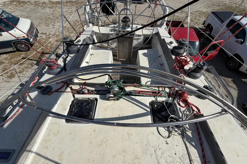 Slide: The Image of Overhead view of 1983 Morgan Catilina sailboat deck with rigging and equipment. - 54