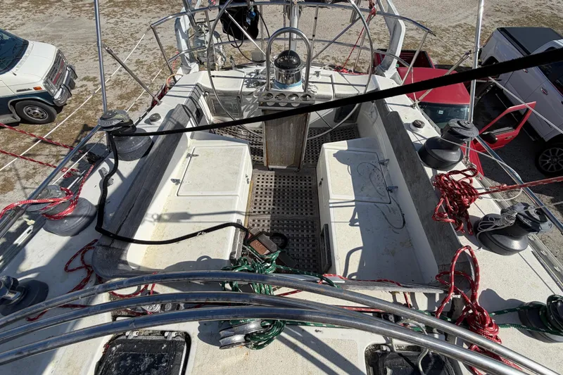 Slide: The Image of Overhead view of 1983 Morgan Catilina sailboat deck with ropes and equipment. - 55