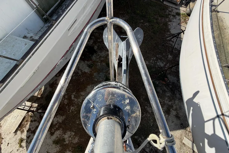 Slide: The Image of View from mast of 1983 Morgan Catilina sailboat, showing deck and railing details. - 70