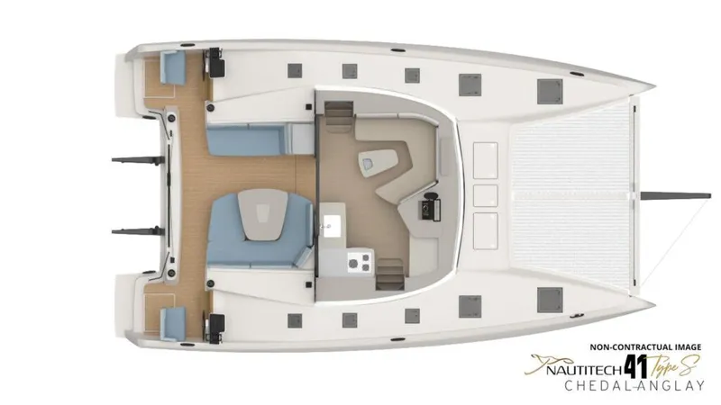 Slide: The Image of Top view of 2025 Nautitech 41 Type S catamaran layout, featuring spacious interior and deck. - 4
