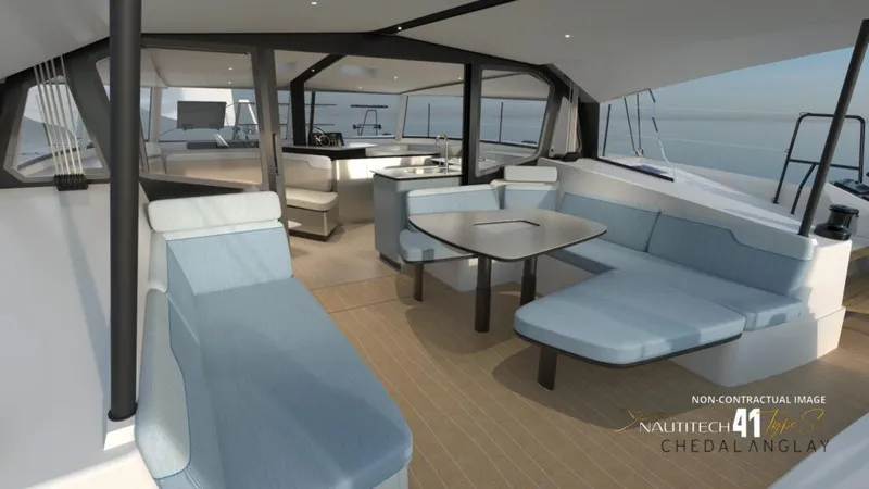 Slide: The Image of Luxurious interior of 2025 Nautitech 41 Type S catamaran with modern seating and dining area. - 5