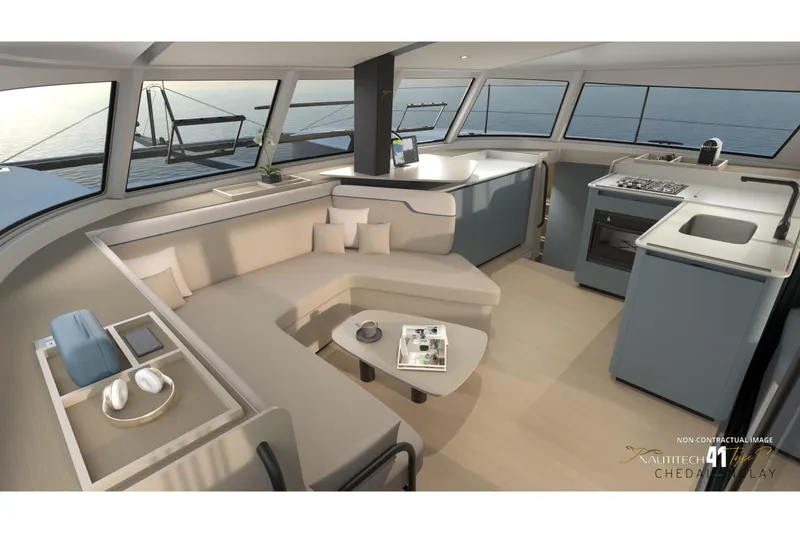 Slide: The Image of Interior of Nautitech 41 Type S 2026 with modern kitchen and lounge. - 16