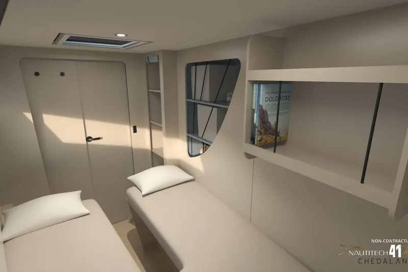 Slide: The Image of Interior of Nautitech 41 Type S 2026 with twin beds and shelves. - 44
