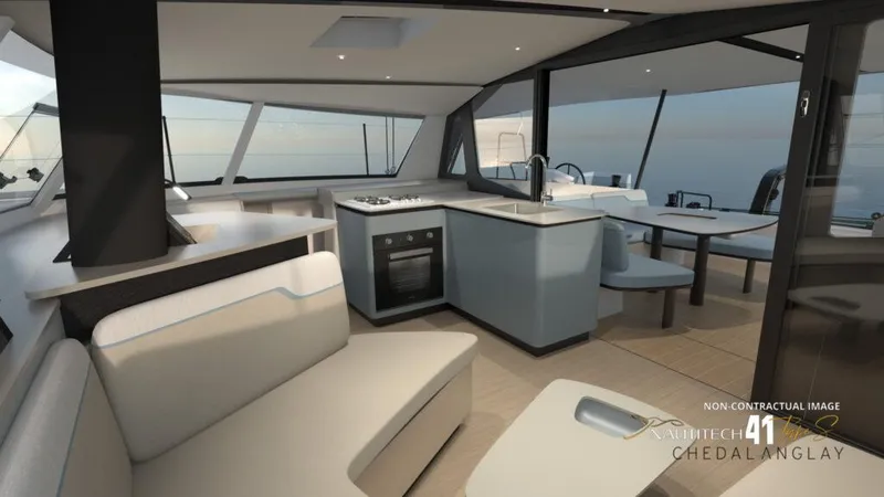 Slide: The Image of Luxurious interior of 2025 Nautitech 41 Type S catamaran with modern kitchen and seating area. - 8