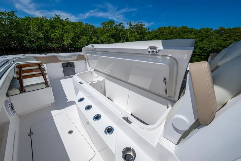 Slide: The Image of 2025 Invincible 37 Catamaran interior with open storage compartment, sleek design, and lush greenery backdrop. - 22