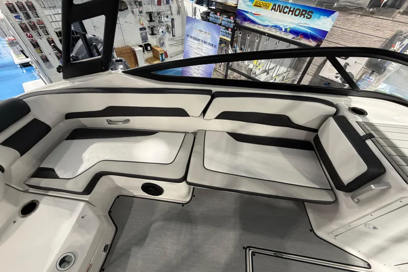 Slide: The Image of Interior view of 2026 Yamaha Boats AR195, showcasing sleek seating and modern design. - 6
