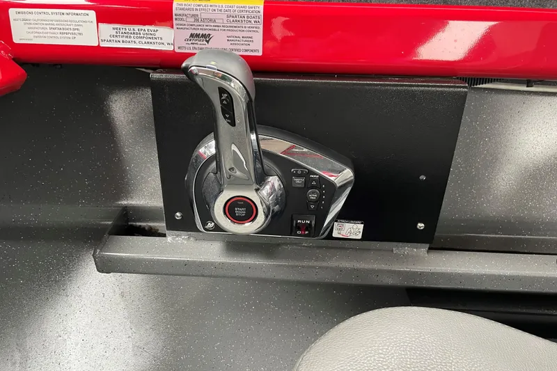Slide: The Image of Throttle control panel of 2024 Spartan 200 Astoria boat, featuring start/stop button. - 9