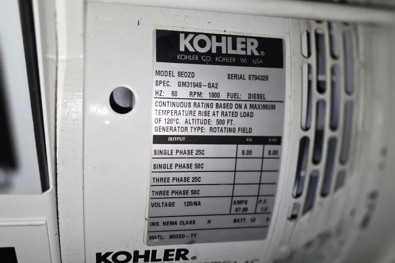 Slide: The Image of Kohler generator label on 2005 Tiara Yachts 3600 Sovran, model 8EOZD, diesel-powered. - 51
