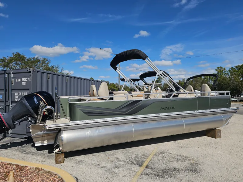 Slide: The Image of 2026 Avalon Venture 85 Rear Fish Tritoon on parking lot. - 31