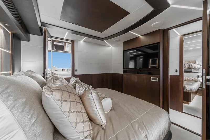 Slide: The Image of Luxurious bedroom interior of 2023 Galeon 640 Fly yacht with modern design and elegant furnishings. - 40