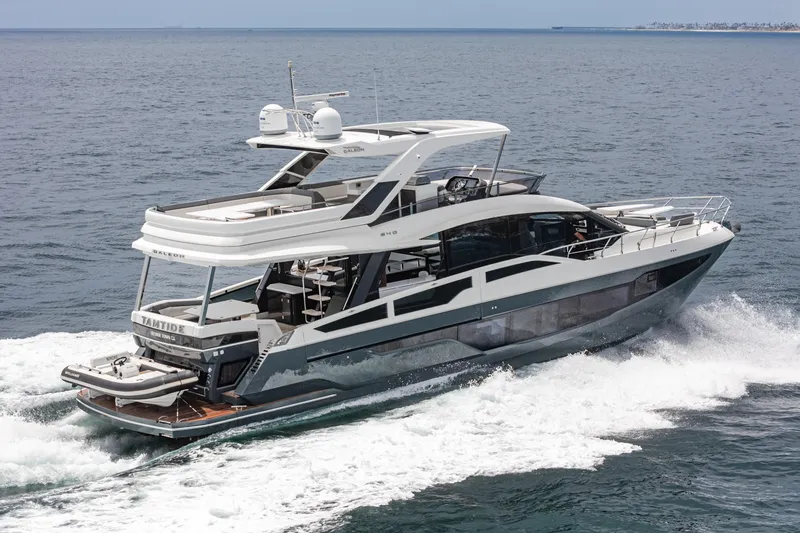 Slide: The Image of 2023 Galeon 640 Fly yacht cruising on open water, showcasing sleek design and luxury features. - 57