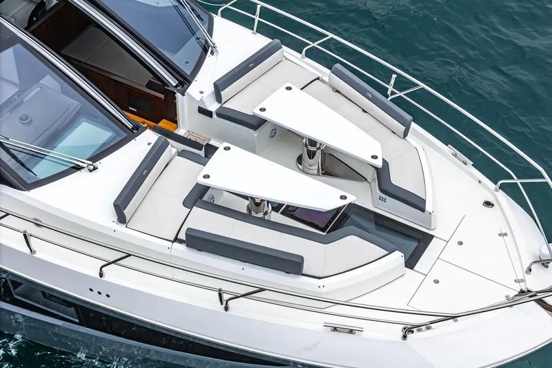 Slide: The Image of 2023 Galeon 640 Fly yacht with spacious deck seating and modern design. - 63