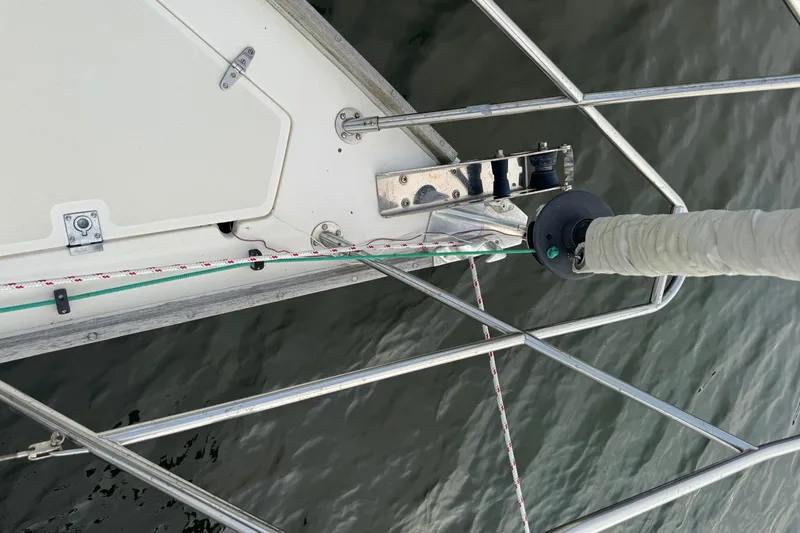 Slide: The Image of Deck view of 1983 Sabre 34 sailboat with rigging and railing. - 9