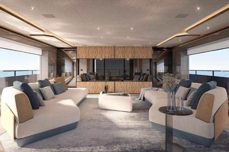 Slide: The Image of Luxurious interior of 2026 Azimut Grande 44M yacht with modern seating and ocean view. - 11
