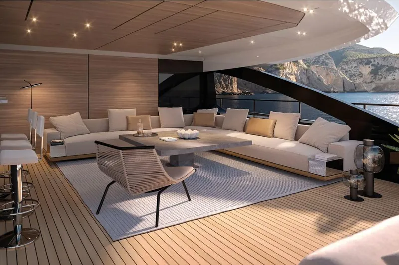 Slide: The Image of Luxurious interior of 2026 Azimut Grande 44M yacht with elegant seating and ocean view. - 13