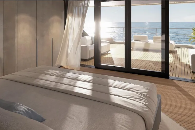Slide: The Image of Luxurious bedroom on 2026 Azimut Grande 44M yacht with ocean view and elegant decor. - 16