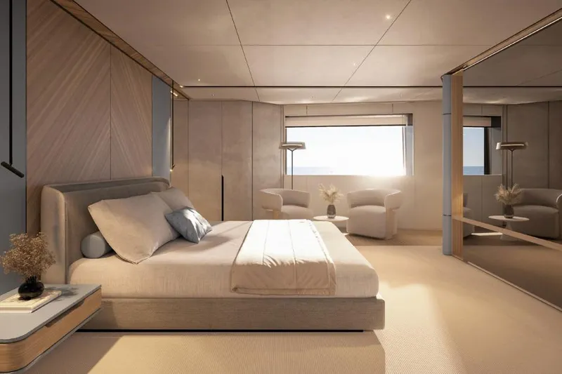 Slide: The Image of Luxurious bedroom interior of 2026 Azimut Grande 44M yacht, featuring modern design and ocean view. - 17