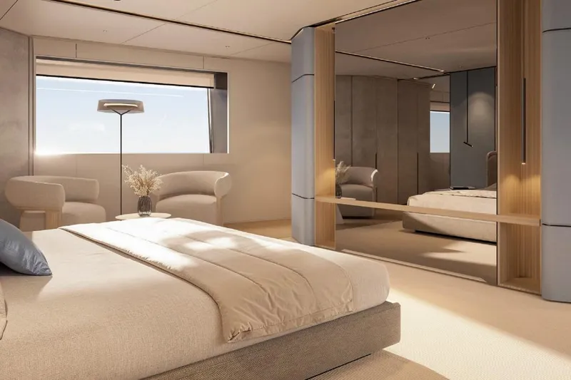 Slide: The Image of Luxurious bedroom interior of 2026 Azimut Grande 44M yacht, featuring modern design and elegant furnishings. - 18
