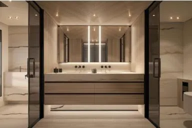 Slide: The Image of Luxurious bathroom interior of 2026 Azimut Grande 44M yacht, featuring modern design and elegant lighting. - 19