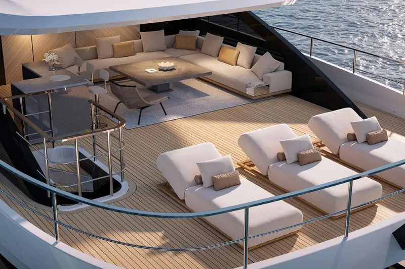 Slide: The Image of Luxurious deck of 2026 Azimut Grande 44M yacht with elegant seating and sun loungers. - 5