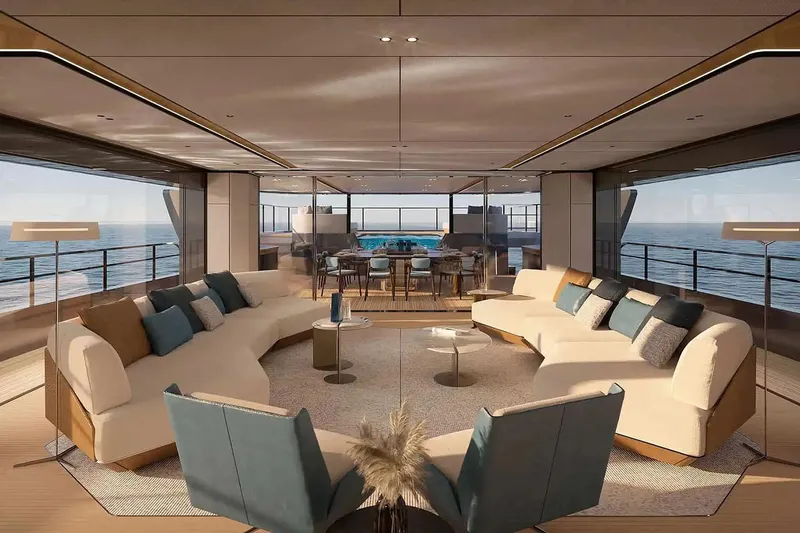 Slide: The Image of Manufacturer Provided Image: Luxurious interior of 2025 Azimut Grande 44M yacht with elegant seating and ocean view. - 9