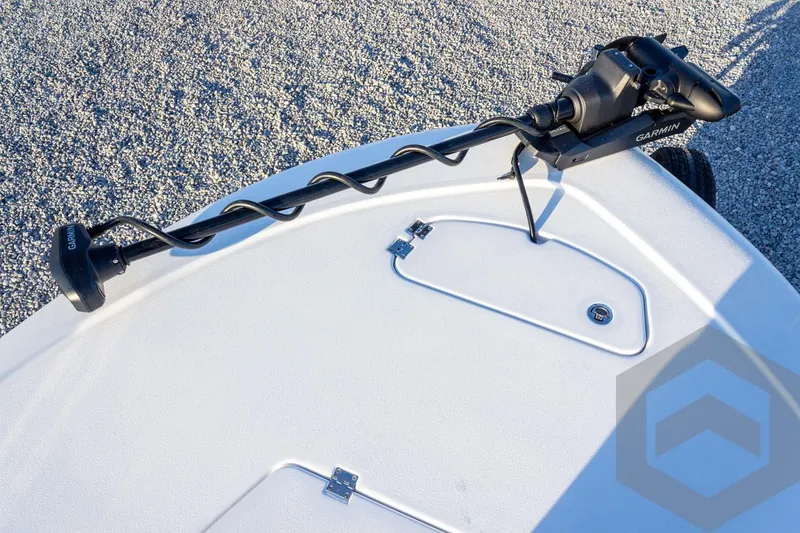 Slide: The Image of 2026 Tidewater 2110 Bay Max boat with Garmin trolling motor on deck. - 43