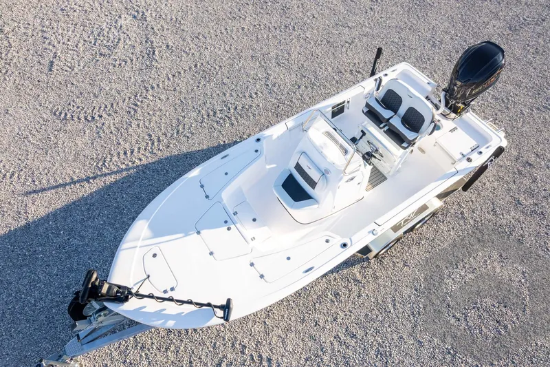 Slide: The Image of 2026 Tidewater 2110 Bay Max boat on gravel, aerial view. - 67