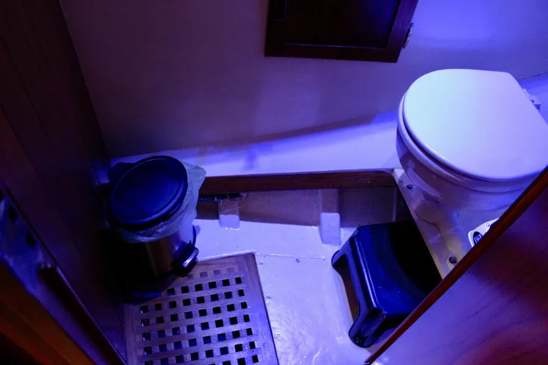 Slide: The Image of 1975 William Garden Porpoise boat bathroom with toilet, trash bin, and wooden floor grate. - 48