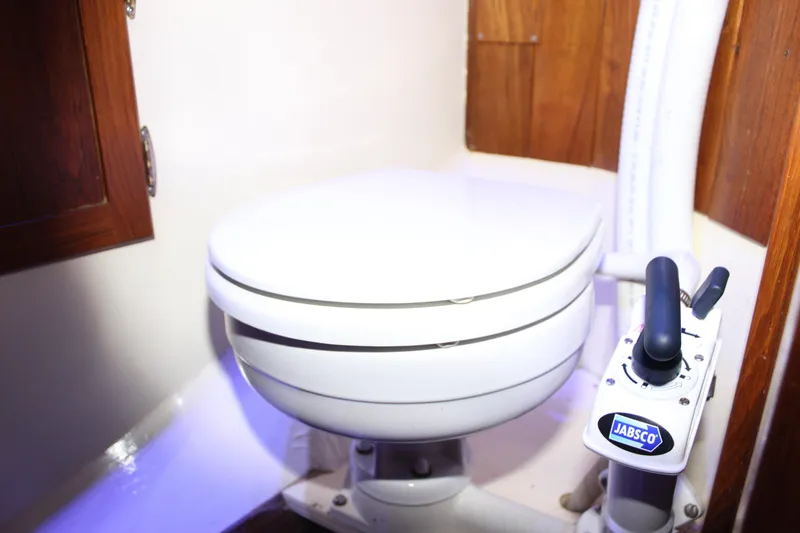 Slide: The Image of Marine toilet in a 1975 William Garden Porpoise boat, featuring a Jabsco pump handle. - 49