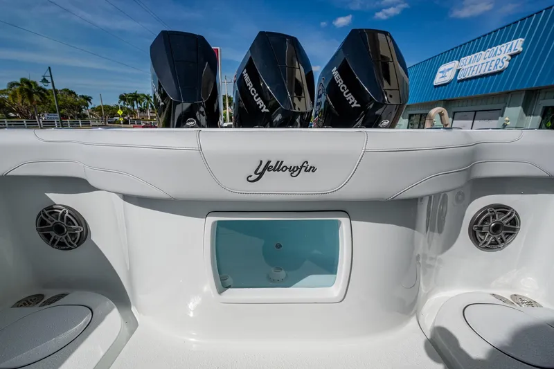 Slide: The Image of 2026 Yellowfin 36 Offshore boat with Mercury engines, sleek design, and modern features. - 33