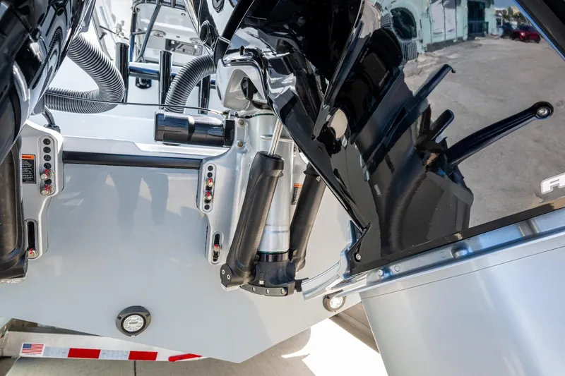 Slide: The Image of 2026 Yellowfin 36 Offshore boat engine components and hydraulic systems close-up. - 40