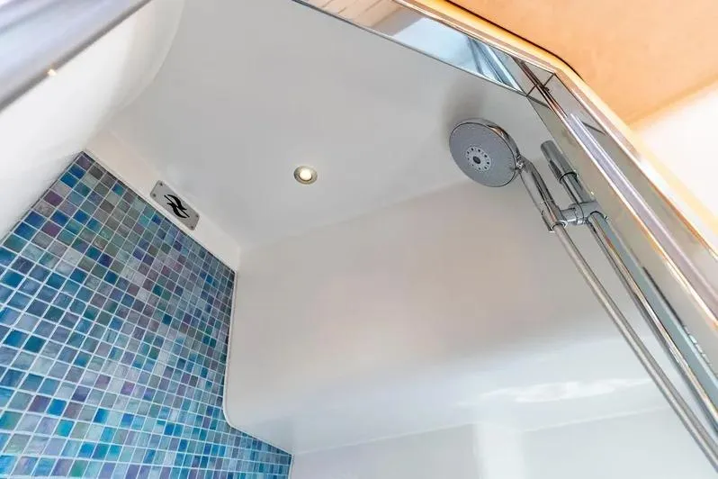 Slide: The Image of Shower area in 2019 Zeelander Z55 yacht with blue mosaic tiles. - 56