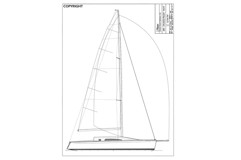 Slide: The Image of Line drawing of a 2001 Farr 395 sailboat, showcasing its sleek design and sail configuration. - 24