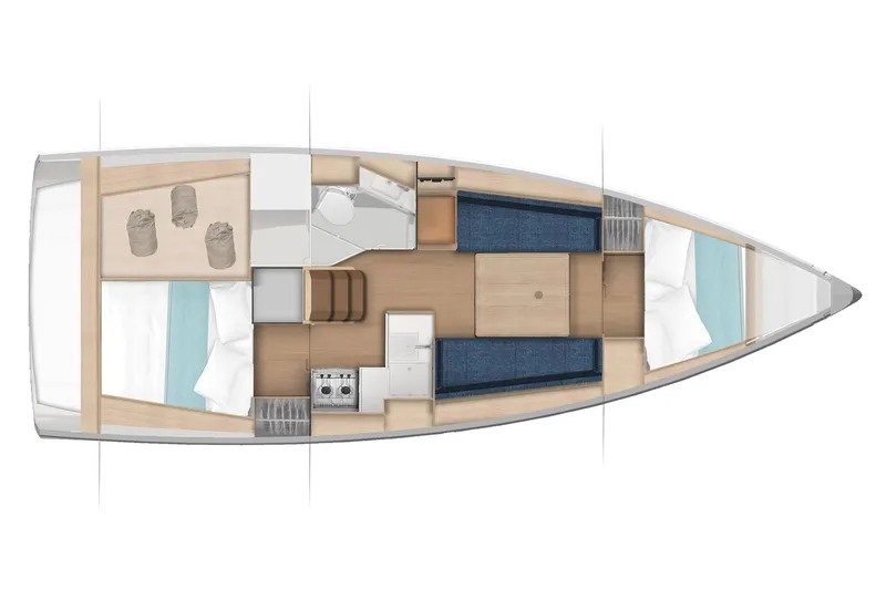 Slide: The Image of Manufacturer Provided Image: 2025 Jeanneau Sun Odyssey 350 interior layout with cabins, kitchen, and seating area. - 51