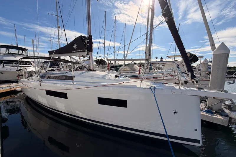 Slide: The Image of 2025 Jeanneau Sun Odyssey 350 sailboat docked at marina under clear sky. - 8