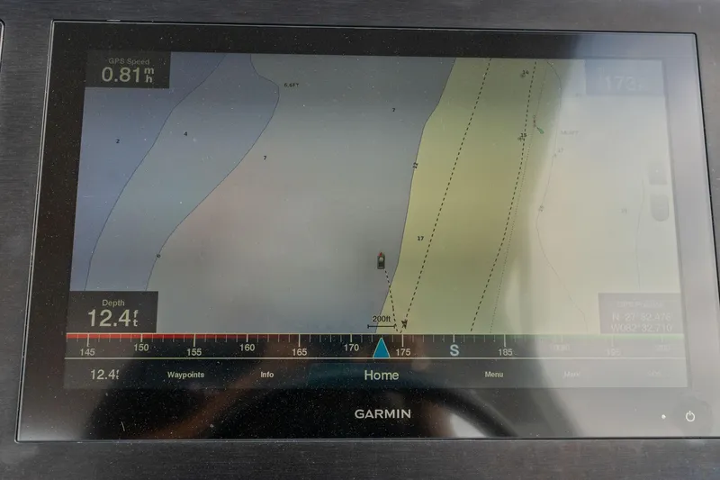 Slide: The Image of Garmin navigation display on 2021 Aviara AV36 OB, showing depth and GPS speed. - 34