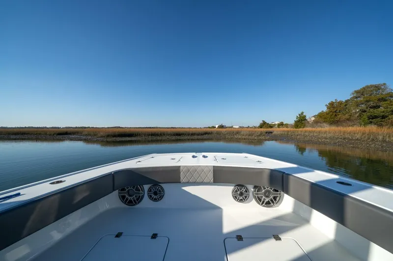 Slide: The Image of 2024 Freeman 38 boat on calm water, featuring sleek design and spacious seating. - 14